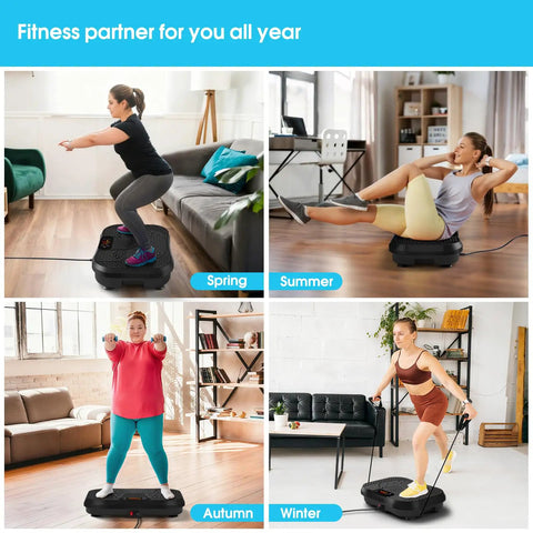 Four images of people using Vibration Plate for Lymphatic Drainage and Full Body Workout with resistance bands in a home setting.