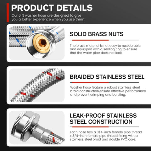 Product details of 6 Foot Stainless Steel Washing Machine Hose 2 Pack Burst Proof Braided Hoses for Hot and Cold Water Supply showing solid brass nuts, braided stainless steel, and leak-proof construction.