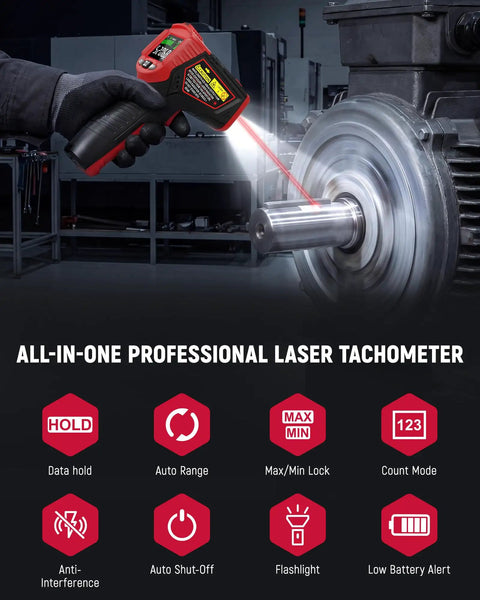 Non Contact Laser Tachometer RPM Meter For Engines And Motors, Handheld Tachometer With Large LCD Display, Measures 10 To 99,999 RPM aimed at spinning motor shaft