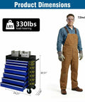 Seven Drawer Rolling Tool Chest On Wheels With Locking Casters And Tubular Handle, Built Tough Tool Cart For Your Garage, Shop Or Warehouse, Massive 7 Drawer Storage In Black And Blue, 30.51" x 24.21" x 12.99"