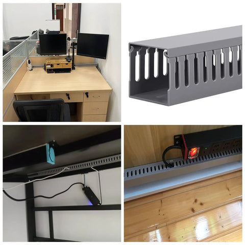 Grey PVC Wire Concealer Raceway Kit for cable management under desk, U-shaped design, durable trunking at home or office.