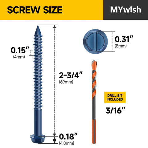 Diagram showing 30 Piece One Quarter Inch By Two And Three Quarters Inches Concrete Screws With Slotted Hex Washer Head Masonry Stucco Anchors Kit Includes Three Sixteenths Inch Drill Bit Self Tapping For Easy DIY Friendly Anchoring To Masonry Block Or Brick Stucco with measurements.