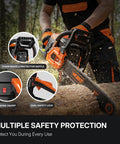 Man using gas powered chainsaw with 20 inch bar, showcasing safety features for heavy-duty wood cutting and pruning