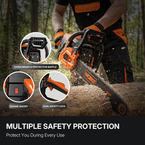Man using gas powered chainsaw with 20 inch bar, showcasing safety features for heavy-duty wood cutting and pruning