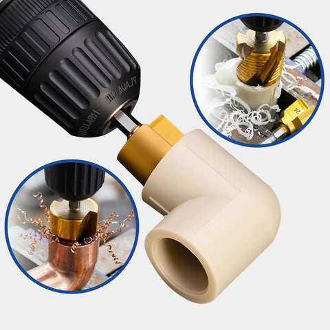 Dual Function Pipe Threading And Reaming Tool Kit For Half Inch And Three Quarter Inch PVC And PPR Pipes Quick Thread Alignment Damaged Thread Repair And Smooth Cutting For DIY Projects And Pro Plumbing Jobs on PVC elbow
