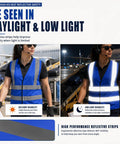 Heavy Duty High Visibility Safety Vest In Vivid Blue Featuring Continuous Reflective Banding Cut From Ultra Breathable Mesh For Hard Hats Trail Blazers And Night Runners. Woman wearing reflective vest in day and night settings.