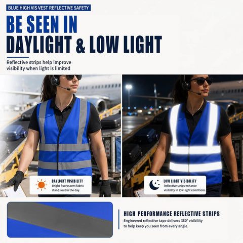 Heavy Duty High Visibility Safety Vest In Vivid Blue Featuring Continuous Reflective Banding Cut From Ultra Breathable Mesh For Hard Hats Trail Blazers And Night Runners. Woman wearing reflective vest in day and night settings.