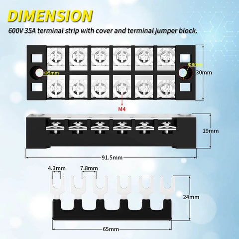 Heavy Duty Dual Row Six Position Screw Terminal Block Kit With Cover And Pre Insulated Jumpers 35A 600V Rating dimensions