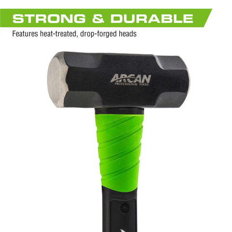 Close-up of black drop-forged head on 4 Lb Engineering Hammer With 16 Inch Fiberglass Handle Drop Forged Heads Non Slip Rubber Grip Bright Green For Visibility And Lanyard Hole For Tethered Use A Real Workhorse For Heavy Duty Construction And Workshop Jobs.