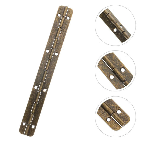 Six Piece 150 Mm Metal Piano Hinges In Vintage Bronze, continuous iron hinge with smooth finish and mounting holes for DIY crafts.