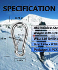 Dimensions and specifications of Eight Pack Of 304 Stainless Steel Spring Snap Hooks With Heavy Duty Latch Clips and outdoor background