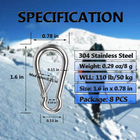 Dimensions and specifications of Eight Pack Of 304 Stainless Steel Spring Snap Hooks With Heavy Duty Latch Clips and outdoor background