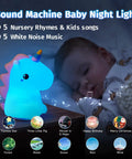 Unicorn Night Light For Kids With Sound Machine, glowing blue silicone lamp beside sleeping child in dark room