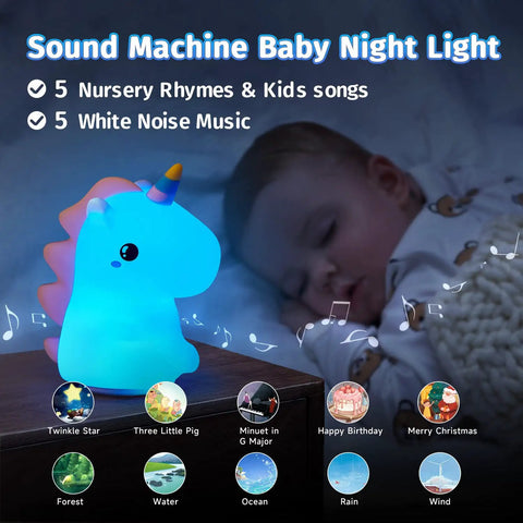 Unicorn Night Light For Kids With Sound Machine, glowing blue silicone lamp beside sleeping child in dark room