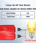 150W Car Power Inverter Converts 12V DC To 110V AC With Dual USB Ports And Ride Ready Vehicle Adapter with light bulb.