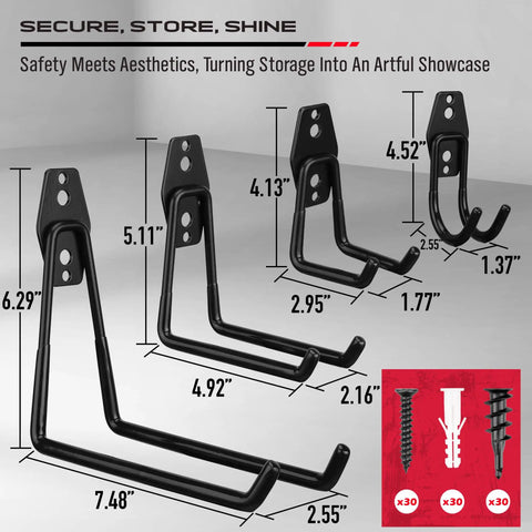 Heavy Duty Garage Tool Hook Set, 15-Piece Wall Mount Organizer with steel brackets and screws, shown in various sizes.