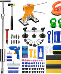 135 Piece Paintless Dent Repair Kit For Cars With T Bar Puller Bridge Puller Golden Lifter And More DIY Car Dent Remover For Door Dings Hail Damage And Body Creases Learn To Fix Scratches At Home With This All In One Auto Body Repair Set, tools laid out