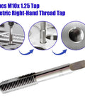 M10 X 1.25 Metric Thread Tap Set, High Speed Steel Hand Taps displayed with threading examples, 2 Pack, Right Hand Thread