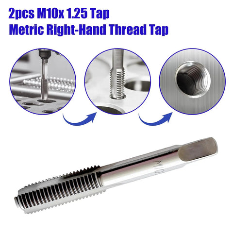 M10 X 1.25 Metric Thread Tap Set, High Speed Steel Hand Taps displayed with threading examples, 2 Pack, Right Hand Thread