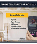 Wall Detector, Multifunctional Stud Finder Wall Scanner displayed with various materials listed for usage, including drywall and wood flooring.