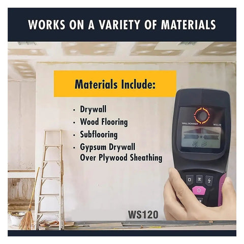 Wall Detector, Multifunctional Stud Finder Wall Scanner displayed with various materials listed for usage, including drywall and wood flooring.