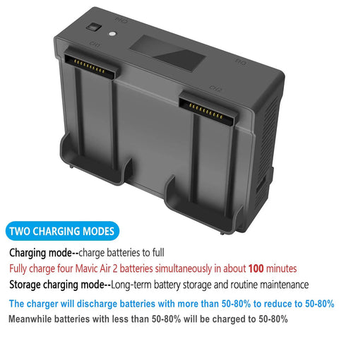 Air 2S Mavic Air 2 Battery Charger Hub 5 In 1 Rapid Parallel Charger showing charging modes and dual slots for batteries.