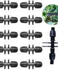 10 Pack Barbed Tee Irrigation Fittings For 1/3 Inch To 1/4 Inch Tubing, 6 Way Adapter With Anti Drop Quality, shown in a garden setup