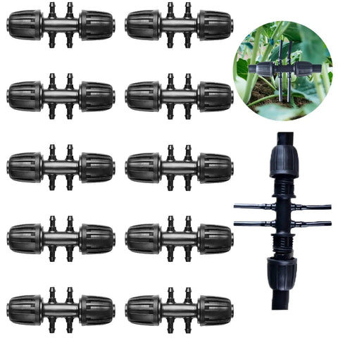 10 Pack Barbed Tee Irrigation Fittings For 1/3 Inch To 1/4 Inch Tubing, 6 Way Adapter With Anti Drop Quality, shown in a garden setup