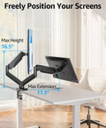 Dual Monitor Desk Arm Mount For 22 To 32 Inch Screens Height Adjustable Vesa 75x75 Or 100x100 Compatible mounted on a white desk.