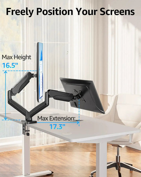 Dual Monitor Desk Arm Mount For 22 To 32 Inch Screens Height Adjustable Vesa 75x75 Or 100x100 Compatible mounted on a white desk.