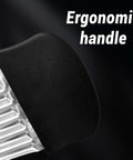 Side view of stainless steel crinkle cutter with black ergonomic handle for slicing potatoes and veggies.