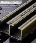 Double Sliding Barn Door Track System With 29 Feet Of Heavy Duty Aluminum Rail And Hella Smooth Roller Wheels For Zero Noise Gliding And No Sweat Mounting For Modern Home Spaces, close-up of waterproof aluminum track.