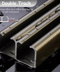 Close-up of Double Track Bypass Barn Door Hardware Kit For Aluminum Sliding Pocket Door Track with water droplets, silver color.