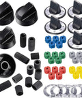 Universal Stove Knob Replacements for Oven and Range Burners Kit KN002 with adapters and black control knobs displayed