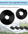 Front view: Bilco basement door seal kit with black U-shaped gasket coil, bulb trim gasket, and four cap seal pads
