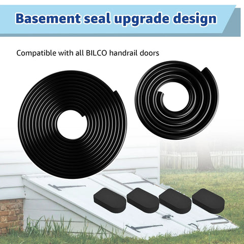 Front view: Bilco basement door seal kit with black U-shaped gasket coil, bulb trim gasket, and four cap seal pads