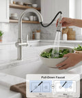 Tohlar Brushed Nickel Kitchen Faucet with Pull Down Sprayer in a modern kitchen, featuring a gooseneck design and water spray in action.