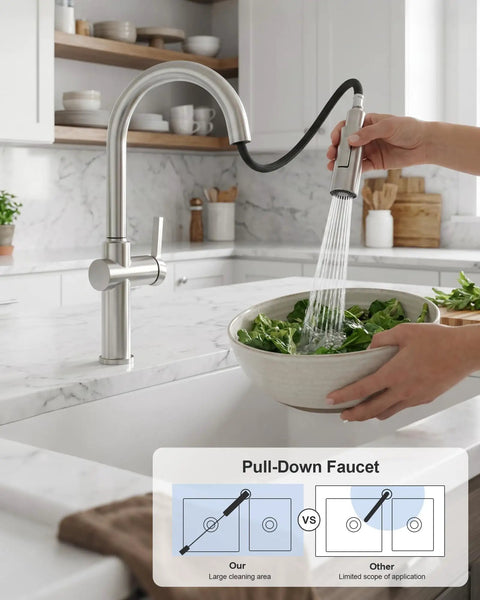 Tohlar Brushed Nickel Kitchen Faucet with Pull Down Sprayer in a modern kitchen, featuring a gooseneck design and water spray in action.