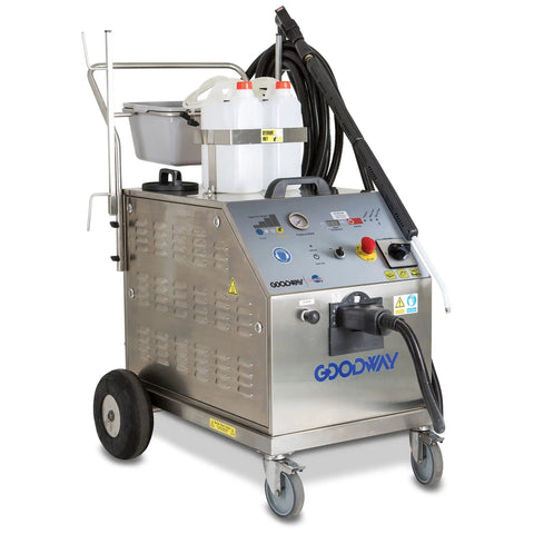 Heavy Duty Industrial Steam Cleaner With Rock Solid Stainless Steel Body And No Sweat Cleaning Power For Garage Floors Shop Walls Garden Hose Hookup Or Refillable Water Tank Plus Built In Soap Injector with dual tanks and hose.