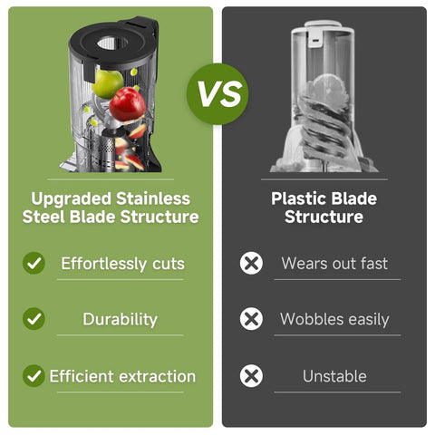 AMZCHEF Cold Press Juicer With 5.4 Inch Slow Masticating Wide Feed Chute, Automatic Cutting Feature comparison of stainless steel vs plastic blade structure