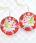 Two Christmas-themed circle frame tags with 'Baked with Love' text, featuring a gingerbread man and candy cane design on a red plaid background.