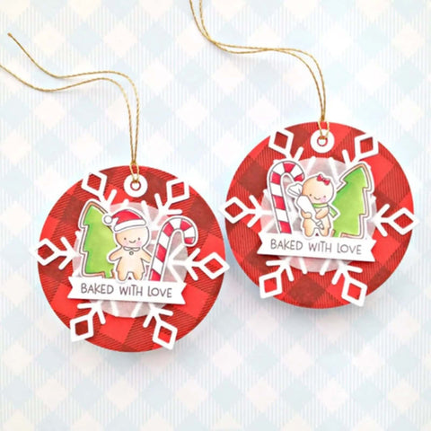 Two Christmas-themed circle frame tags with 'Baked with Love' text, featuring a gingerbread man and candy cane design on a red plaid background.