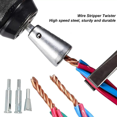 Quick Strip And Twist Drill Bit Kit For Electricians High Speed Steel Wire Stripping Tool close-up of wire strippers with copper wires.