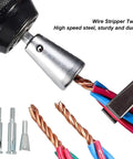 Heavy Duty Electric Drill Wire Stripper Attachment With Lightning Fast Three And Five Way Auto Twist Function, showing wires and steel construction.
