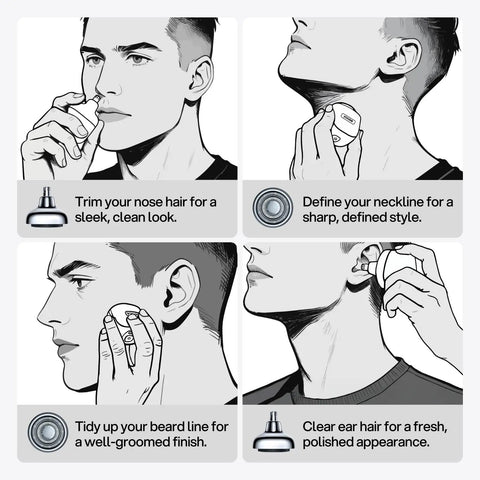 2-In-1 Grooming Tool for Men Mini Electric Shaver and Nose Hair Trimmer Alloy Unibody usage illustrations