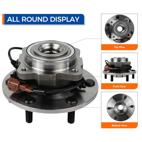 Rear Wheel Hub And Bearing Assembly Easy Install Drop In Fit For 2005 To 2012 Nissan Armada, 2004 Pathfinder Armada, And 2004 To 2010 Infiniti QX56 With ABS Replacement For Smooth Operation And Lasting Durability, front and side view with connectors