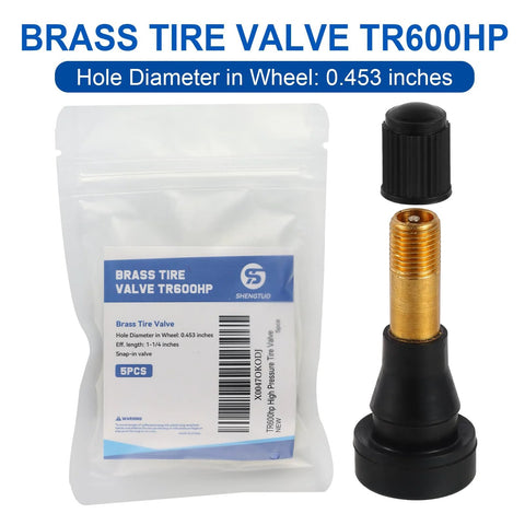 Brass tire valve TR600HP stems; Shengtuo brand, snap-in high-pressure, 0.453 in hole, 1.71 in length, 5-pack.