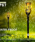 Four Pack Outdoor Solar Torch Lights With Lit Flickering Flame 33 LED Waterproof Tiki Torches For Garden Patio And Pathway Decor Auto On Off Energy Efficient Solar Powered At Dusk And Dawn Weatherproof All Weather Build For Outdoor Use shown in rain.
