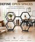 Dope Hexagon Room Divider Shelf with Modular Open Storage in a modern living room, displaying plants and books.