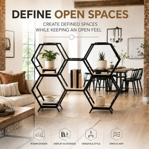 Dope Hexagon Room Divider Shelf with Modular Open Storage in a modern living room, displaying plants and books.